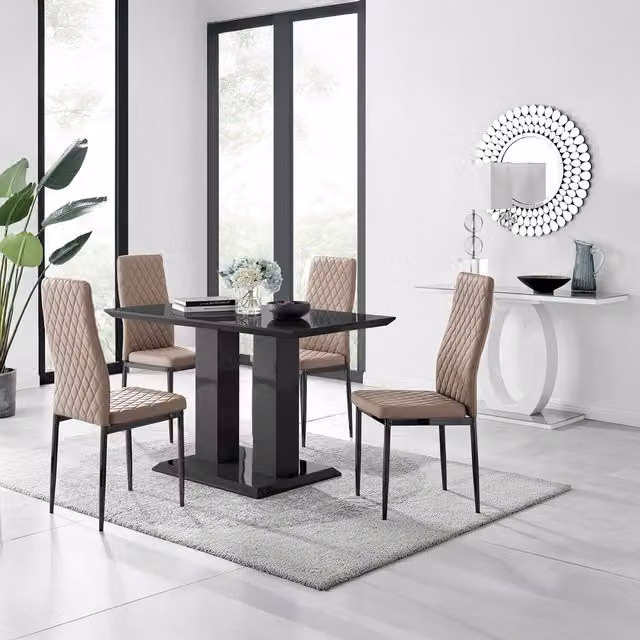 FurnitureboxUK Imperia Black Glass Dining Table and 4 Cappuccino Milan Black Leg Chairs