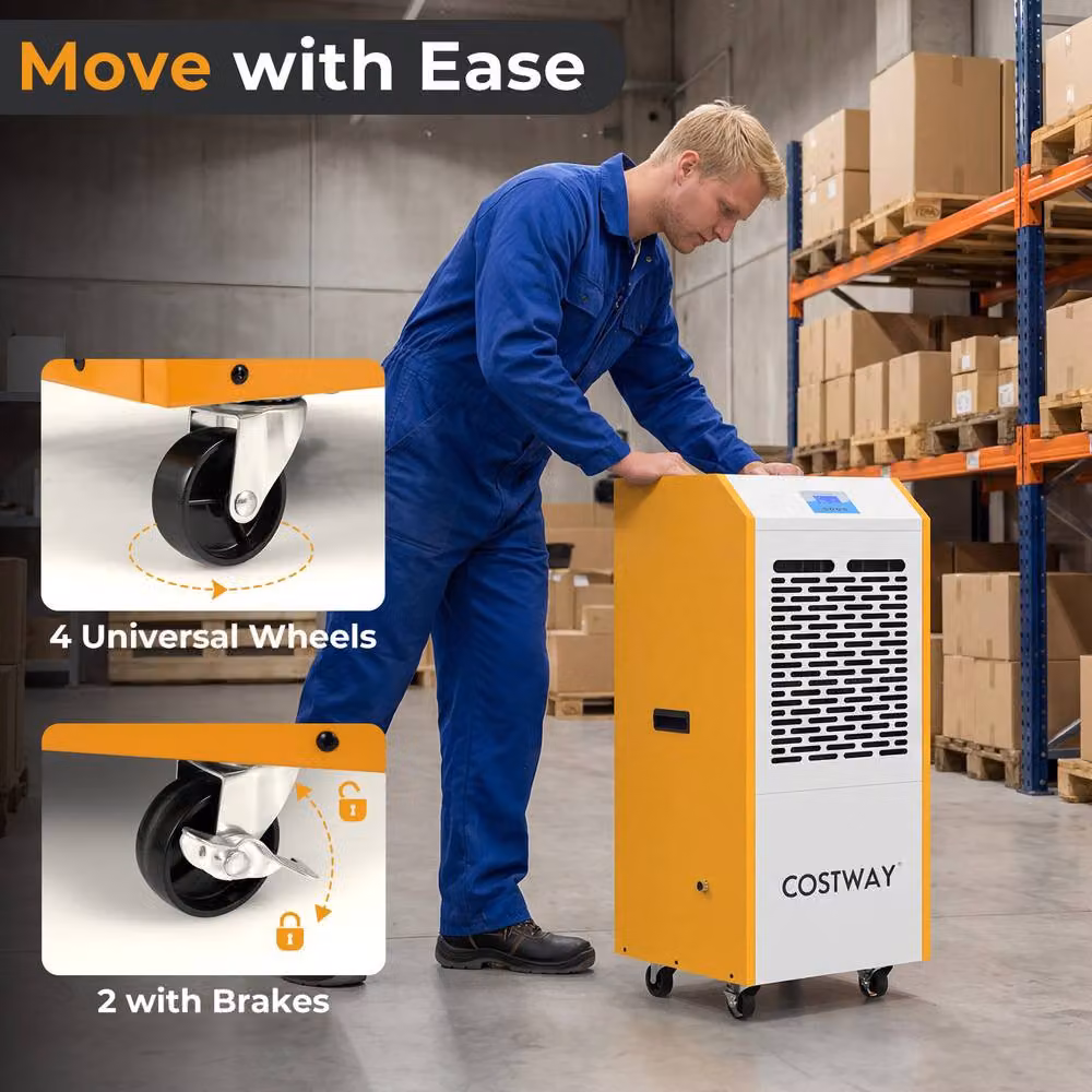 Costway Commercial Industrial Dehumidifier with Pump and Wheels, Yellow – 4