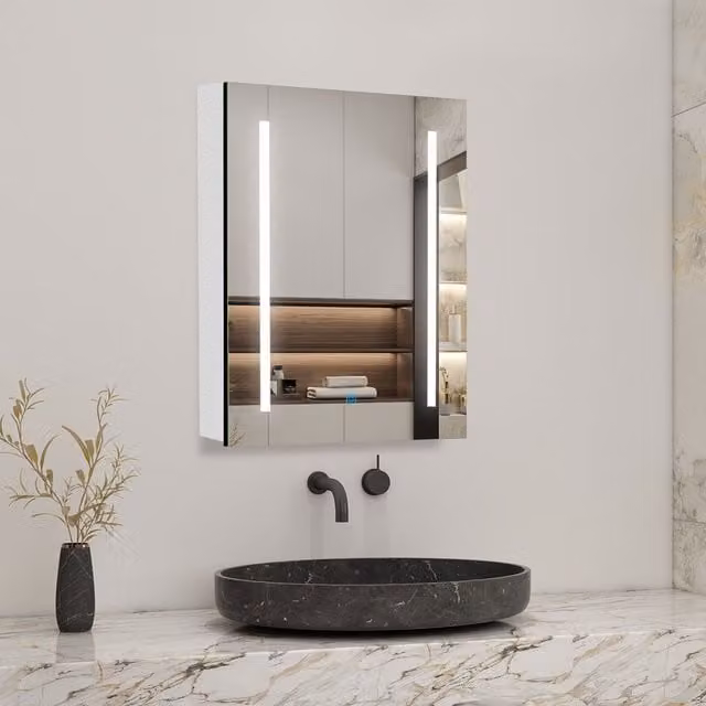 AICA White LED Bathroom Mirror Cabinet with Anti-Fog Function, Width: 60 cm