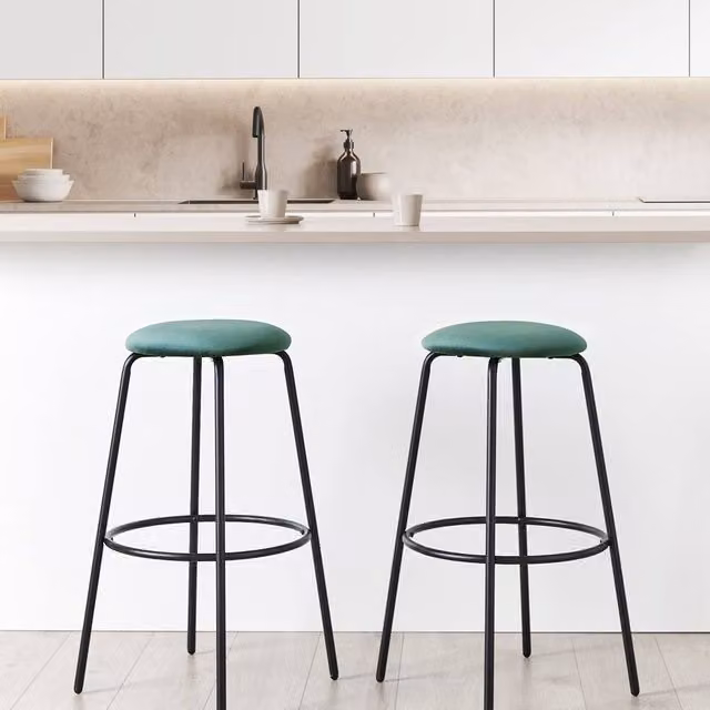 Wyld and Coco Emerald Green Velvet Armless Bar Stools Set of 2 with Black Metal Legs
