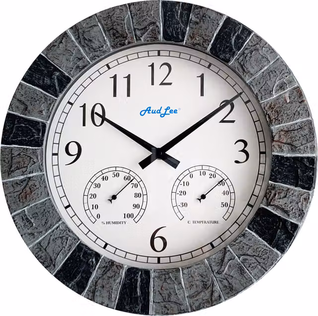 Audlee Faux Slate Round Wall Clock with Silent Analog Thermometer and Hygrometer in Grey and Black