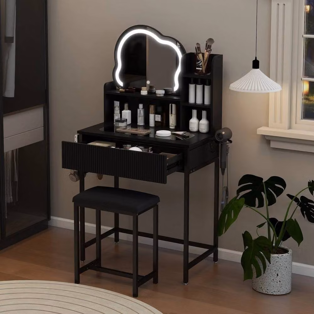 FLAVORA Modern LED Lighted Dressing Table Set with Mirror and Stool in Black, W/D/H: 100 x 100 x 100 cm – 4