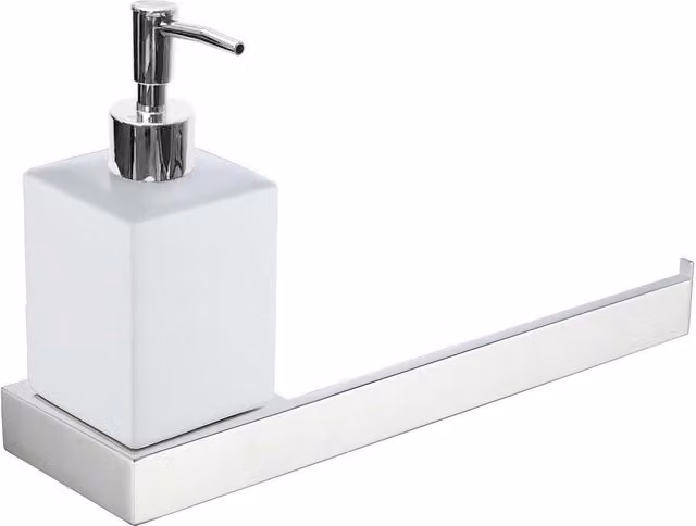 Nes Home Modern Chrome Towel Bar with Soap Dispenser in Silver, W/D/H: 33.0 x 17.0 x 1.0 cm