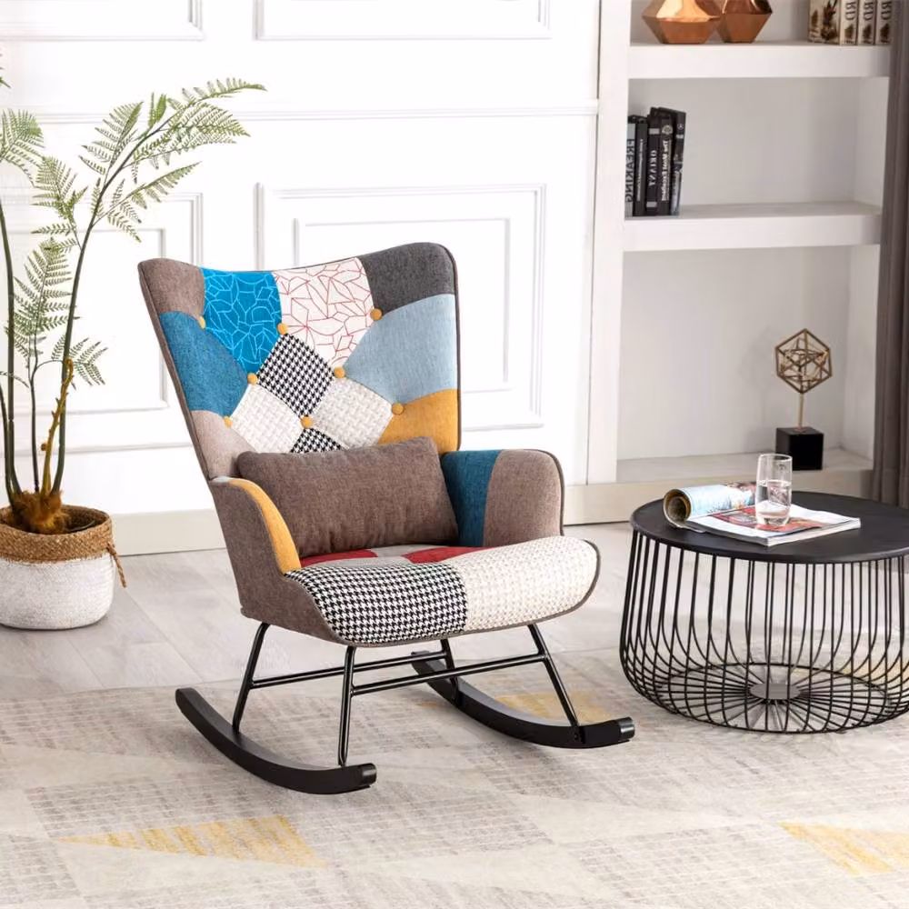 HomeMiYN Patchwork Rocking Chair with Brown Cushion and Vintage Multicolour Fabric Design – 2