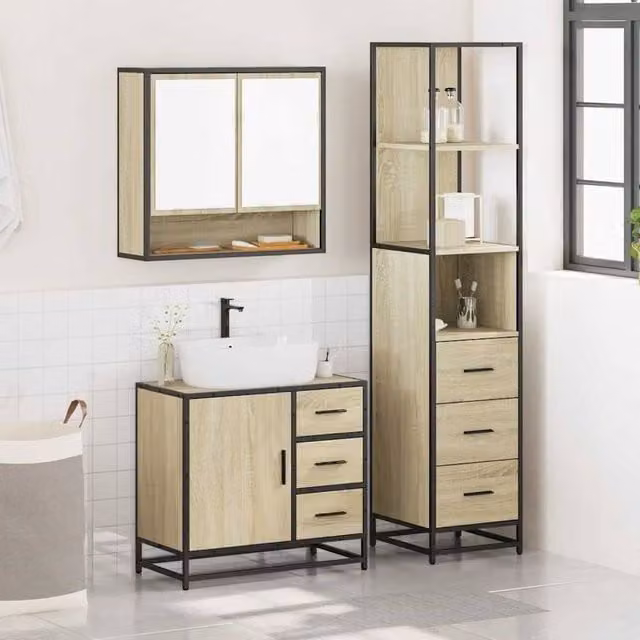 Berkfield Home 3 Piece Industrial Bathroom Furniture Set in Brown Sonoma Oak – 1
