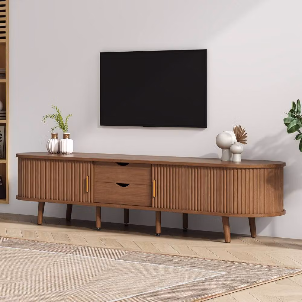 Merax Brown Minimalist TV Stand Media Entertainment Centre with Drawers and Sliding Doors – 5