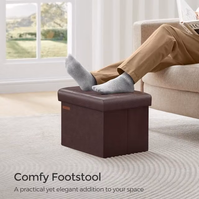 SONGMICS Small Cube Foldable Storage Ottoman and Foot Rest in Brown Synthetic Leather