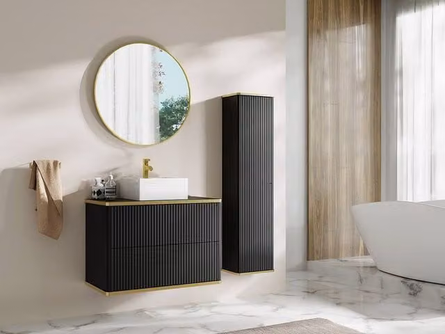 Vente-unique Suspended Ribbed Bathroom Vanity Unit with Square Countertop Basin in Matt Black and Gold