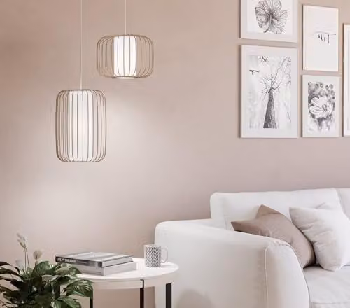Eglo Terrarosa Modern Cylinder Pendant Light in Beige and White with Metal and Fabric Finish, W/D/H: 28.5 x 28.5 x 28.5 cm – 3