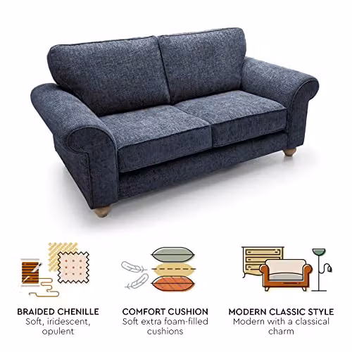 Abakus Direct Ingrid 2 Seater Sofa in Dark Blue Braided Chenille Fabric, W/D/H: 194 x 95 x 90 cm – 3