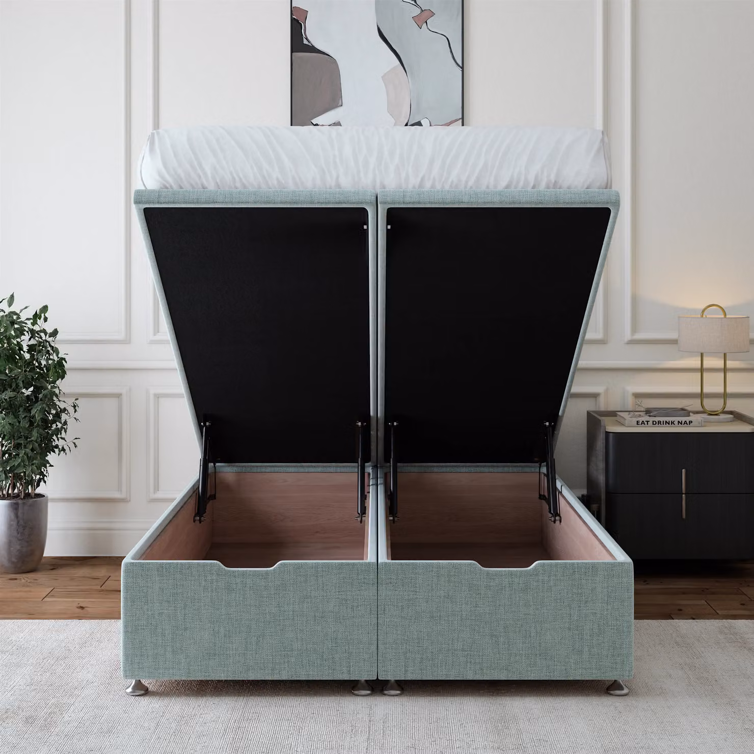 Bedmaster Linen Ottoman Divan Base and Plain Headboard in Blue, W/D/H: 180 x 200 cm – 2