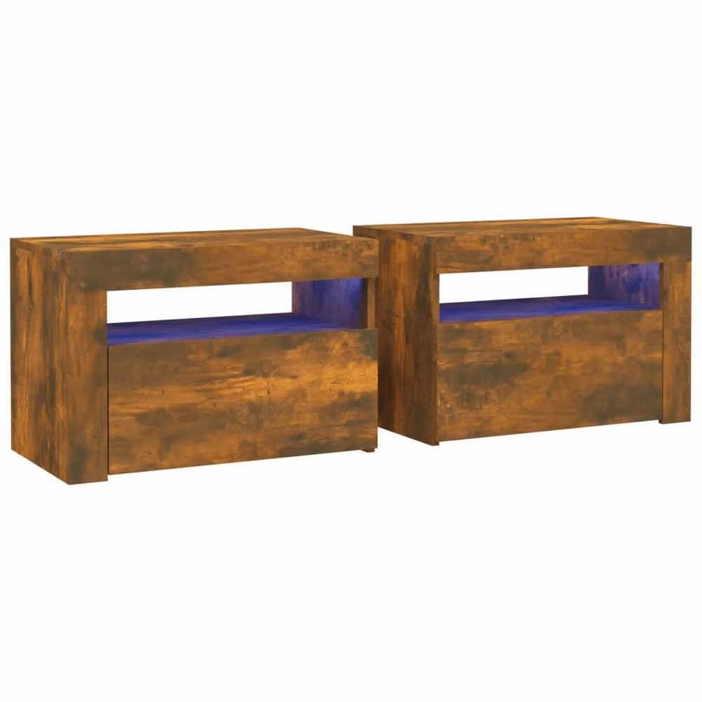 Berkfield Home Set of 2 Modern Bedside Cabinets with Integrated LED Lighting in Smoked Oak Brown, W: 60 cm, D: 35 cm, H: 40 cm – 2