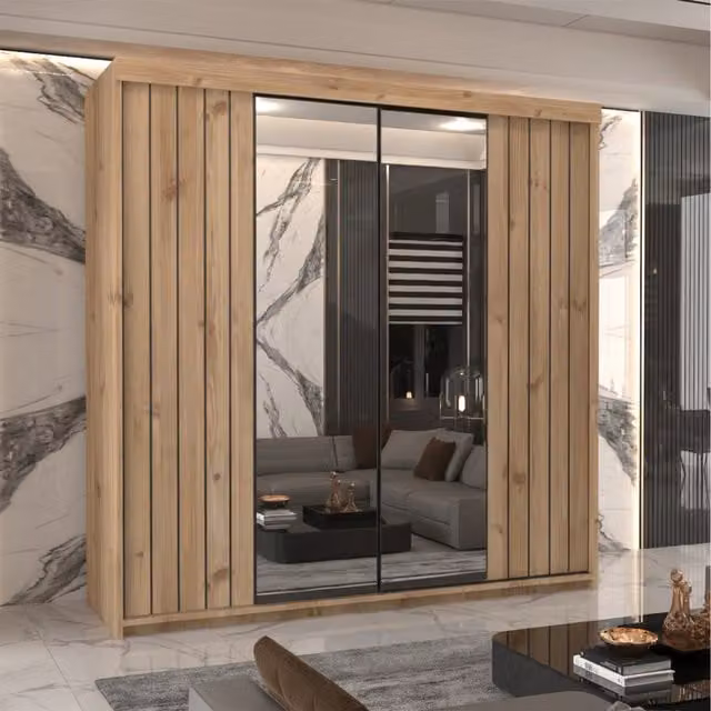 Sliding Wardrobes 4 U Mercury Modern Oak Sliding Door Wardrobe with Integrated Drawers and Mirror, W: 150 cm, H: 203 cm