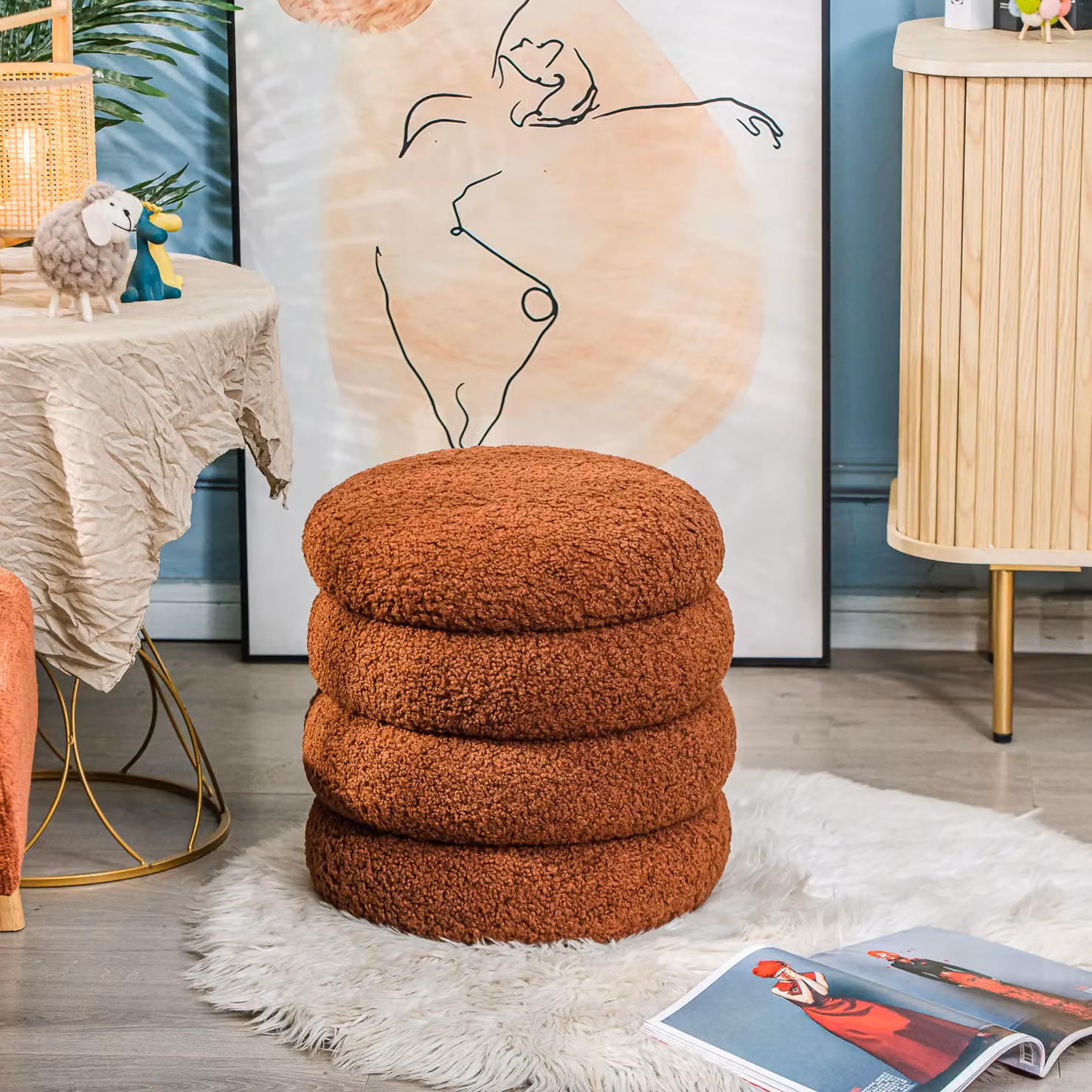 Nordlys Scandinavian Red Bouclé Cylindrical Living Room Pouf – 2
