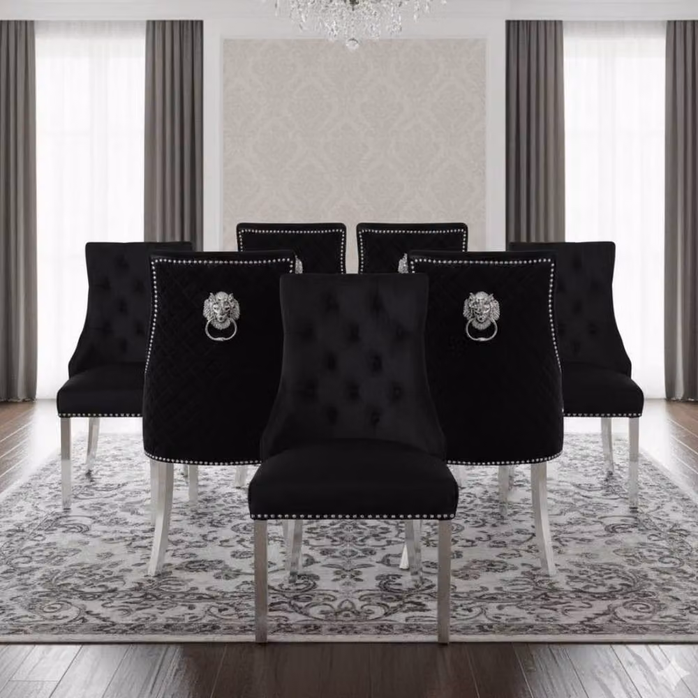 Home Luxe Interior Set of 6 Majestic Hudson Black Leather Lion Knocker Dining Chairs – 6