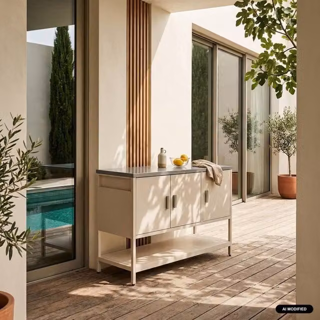 sweeek Outdoor Steel Kitchen Base Unit in Beige with 3 Hinged Doors and 1 Internal Shelf, Width: 120 cm