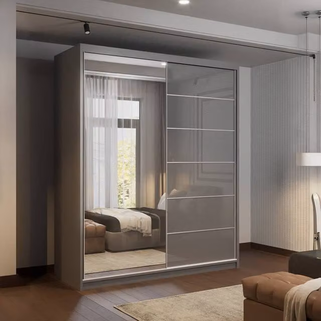 Sliding Wardrobes 4U Fusion High Gloss Grey Sliding Mirror Door Wardrobe W: 180 cm, H: 200 cm – 1