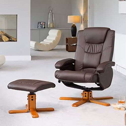 Artemis Home Severn Brown Bonded Leather 360 Degree Swivel Recliner Chair and Footstool, Width: 73 cm