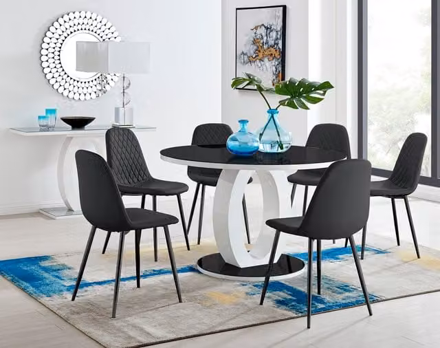 FurnitureboxUK Giovani Round Dining Set with Black Glass Table and 6 White Corona Chairs, Diameter: 120 cm