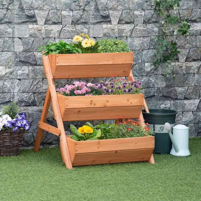 OUTSUNNY 3 Tier Wooden Raised Garden Bed Elevated Planter Box Kit in Brown, W/D/H: 75.0 x 76.0 x 65.0 cm – 1