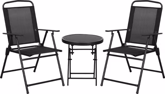 Outsunny Three-Piece Modern Garden Seat Set with Round Glass-Top Table in Black – 1