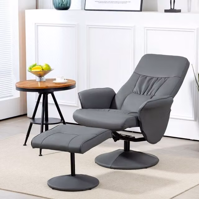 HOMCOM Grey PU Leather Swivel Recliner Armchair with Ottoman