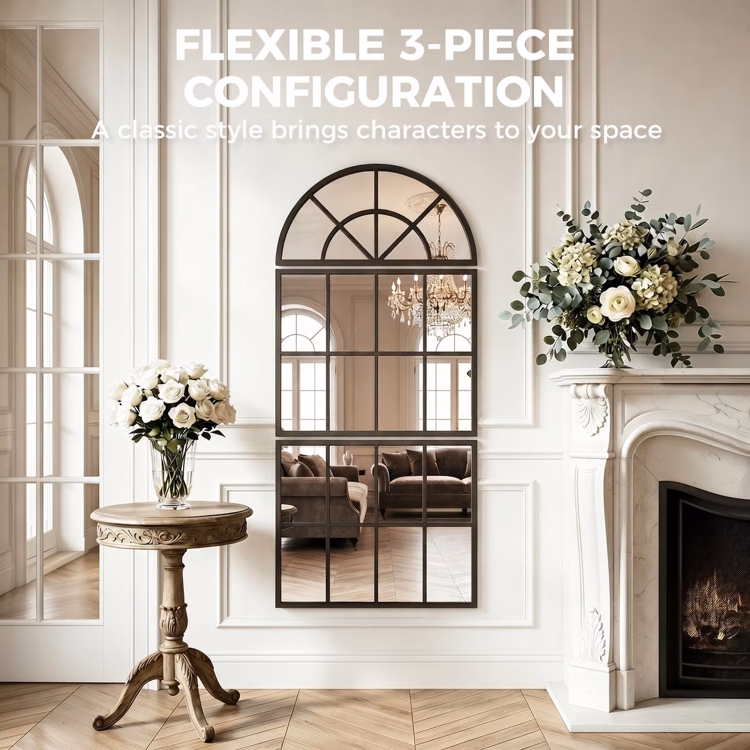 HOMCOM 3-Piece Large Arched Wall Mirror Set with Metal Grid in Black, W/H: 120 x 54 cm – 4