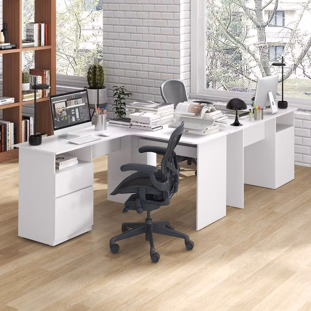 Costway Modern L-Shaped Corner Computer Desk in White with Drawers and Grommet – 2