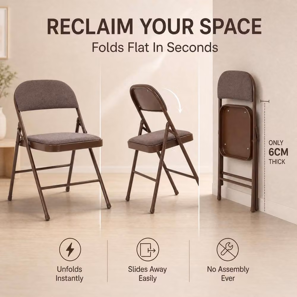 Bravich LTD Pack of 4 Brown Padded Fabric Folding Dining Chairs – 6
