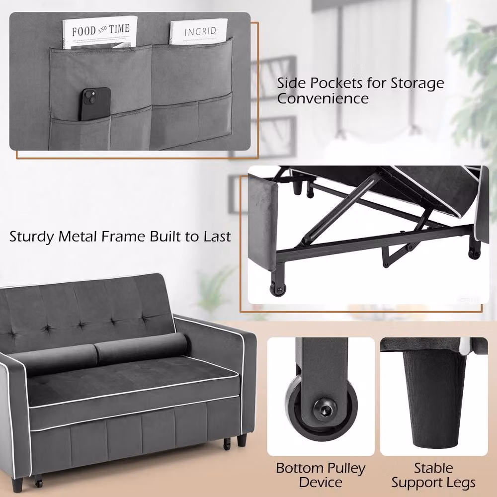 Gymax 3-in-1 Convertible Pull Out Sofa Bed in Grey Velvet Fabric with Metal Frame – 7