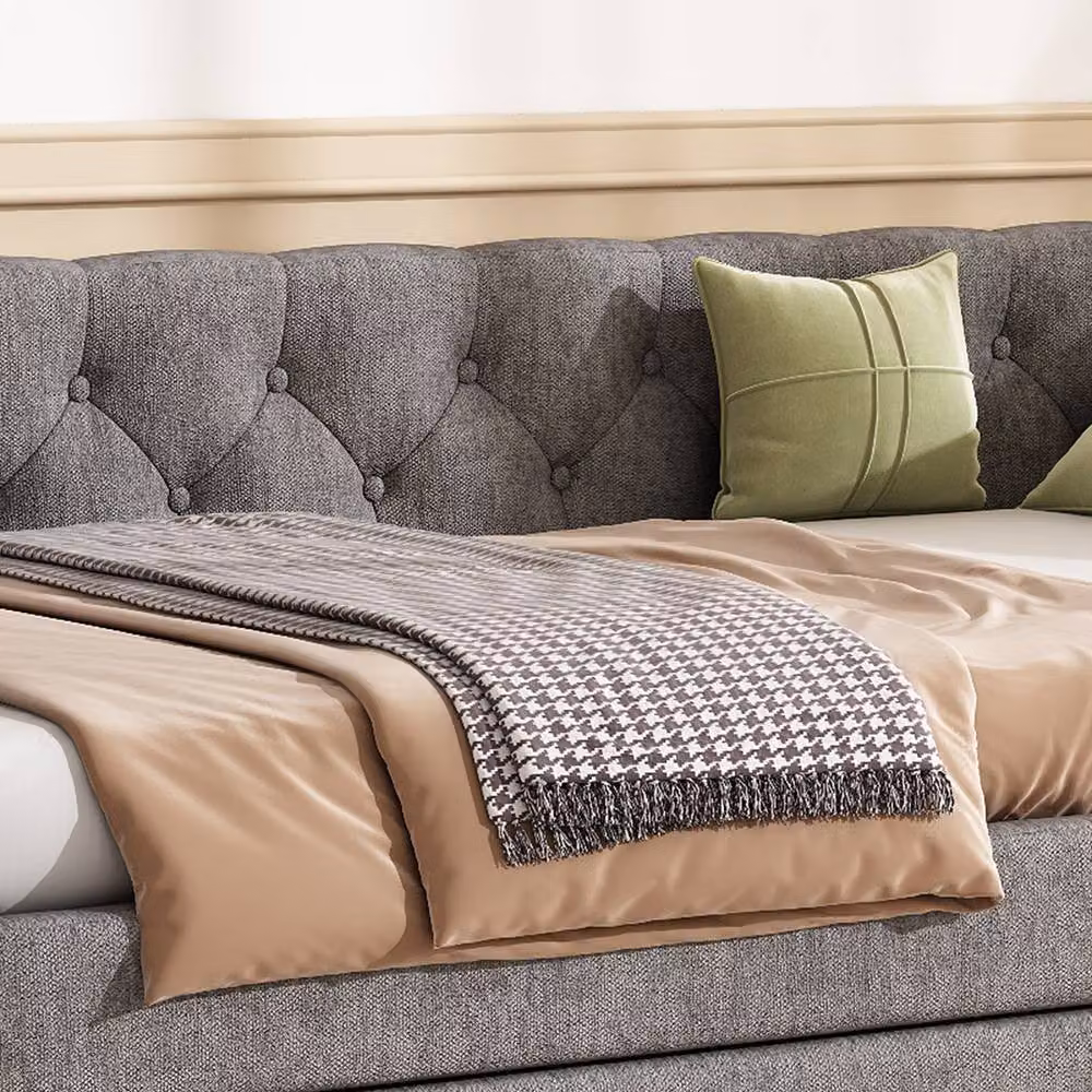Merax Grey Velvet Chesterfield Single Daybed Sofa Bed with Pull-Out Trundle, W/D/H: 190 x 90 x 71.5 cm – 3