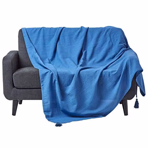 Homescapes Blue Cotton Rajput Ribbed Woven Throw, W/D/H: 225 x 255 cm – 1