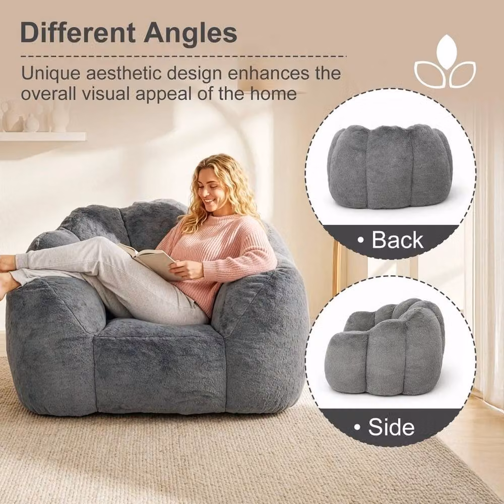 KORVIXA Grey Faux Fur Bean Bag Sofa W/D/H: 100 x 100 x 67 cm – 2