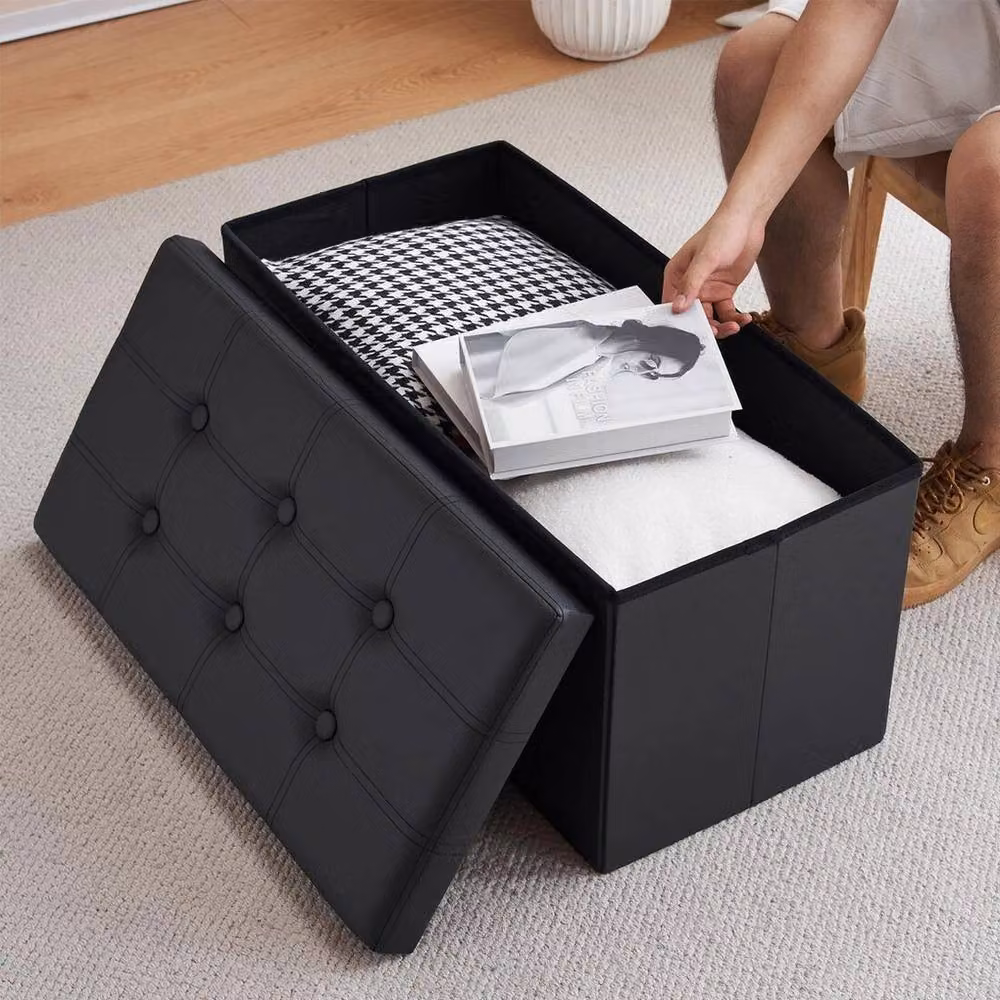 PAWNORA Black Faux Leather Two Seater Folding Storage Stool and Toy Box Chair – 5