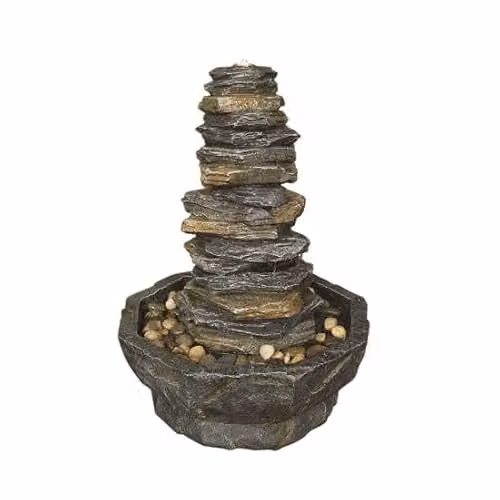 Primrose Stacked Stone Monolith Water Feature with LED Lights in Grey and Brown, Height: 70 cm – 1