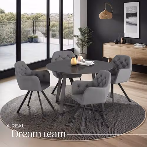 tectake Set of 4 Anthracite Velvet Swivel Dining Chairs with Armrests and Geometric Pattern – 2