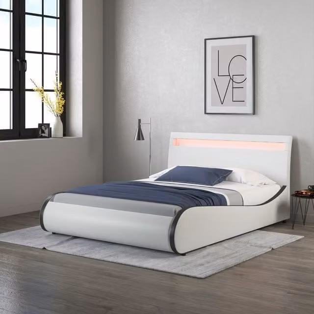 SlumberWorx Orion LED Lights Headboard Faux Leather Bed Frame in White and Black, Double 140 x 200 cm