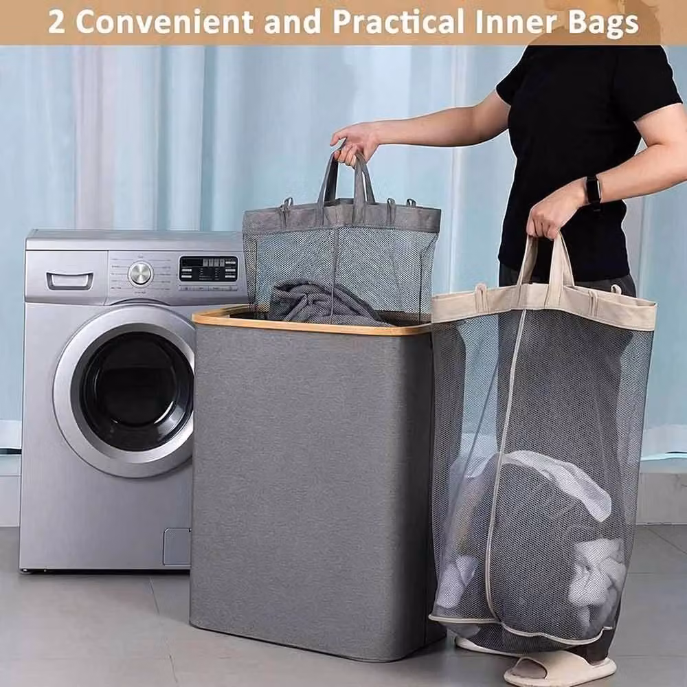 KORVIXA Grey Collapsible Fabric Laundry Basket with Removable Bag – 4