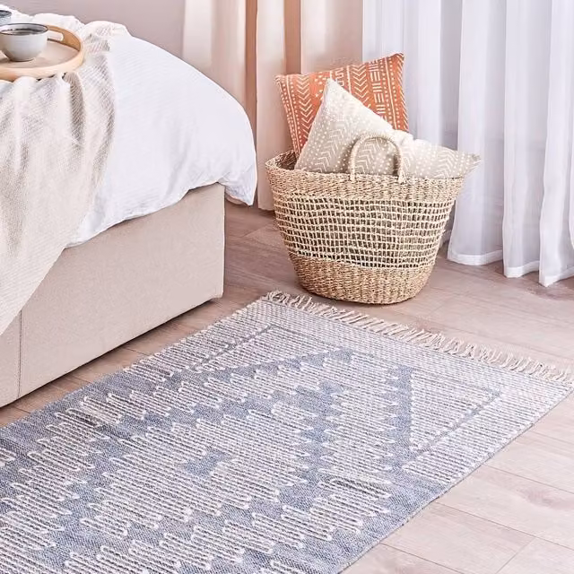 Wyld and Coco Handwoven Wool and Cotton Geometric Pattern Rug in White and Blue, W: 80 cm, L: 150 cm