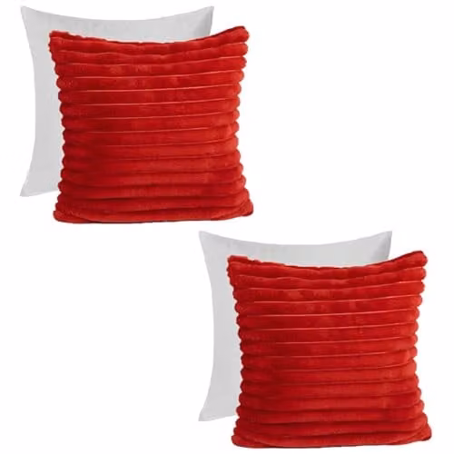 OHS Pack of 2 Red Faux Fur Ribbed Scatter Cushions with Removable Covers, W/D/H: 45 x 45 x 45 cm