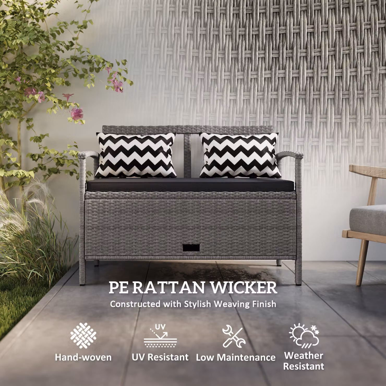 Outsunny 160L Grey Rattan Two-Seater Storage Bench – 5