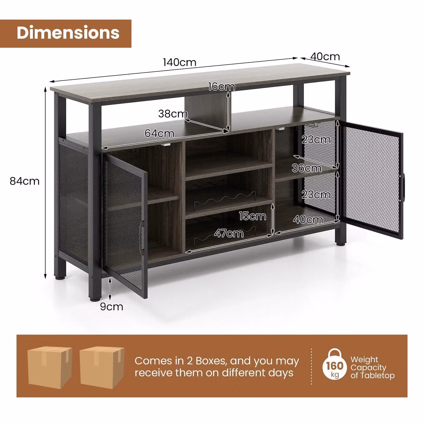 Costway Industrial Wine Bar Cabinet Grey Buffet Sideboard with 8-Bottle Wine Racks, W: 140 cm, H: 84 cm – 2
