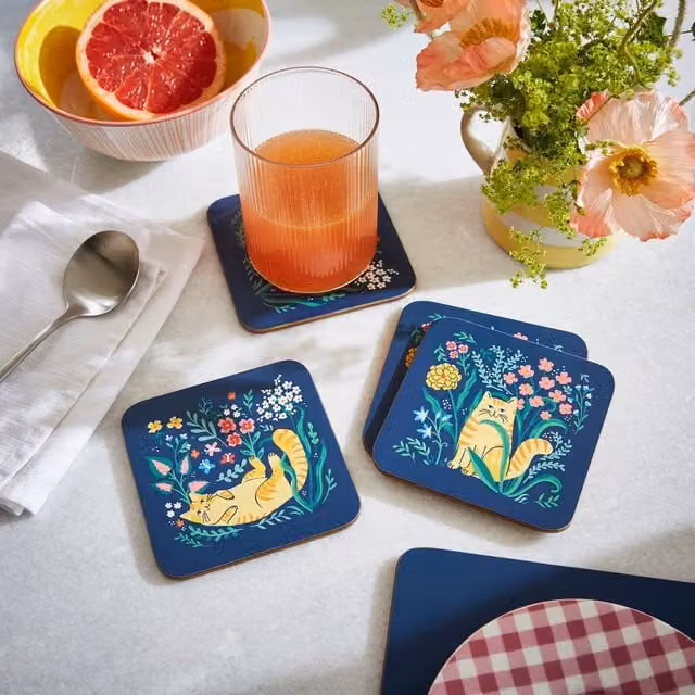 Ulster Weavers Marmalade Meadow Floral Coasters, Pack of 4, Blue, W/D: 10.5 x 10.5 cm