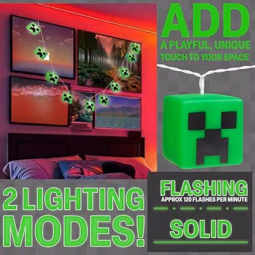 HALANTEX Minecraft Creeper LED String Lights in Green, Battery Operated 3D Cube Fairy Lights – 4