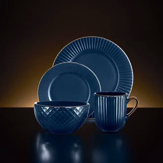 Tower 16 Piece Blue and Gold Stoneware Dinner Service Set