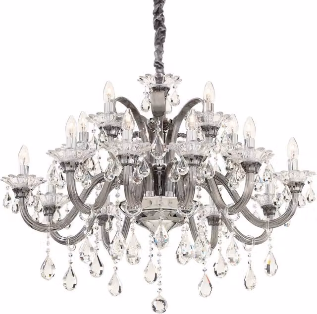 Ideal Lux Colossal 15-Light Chandelier in Grey with Smokey Glass and Crystal Details, E14