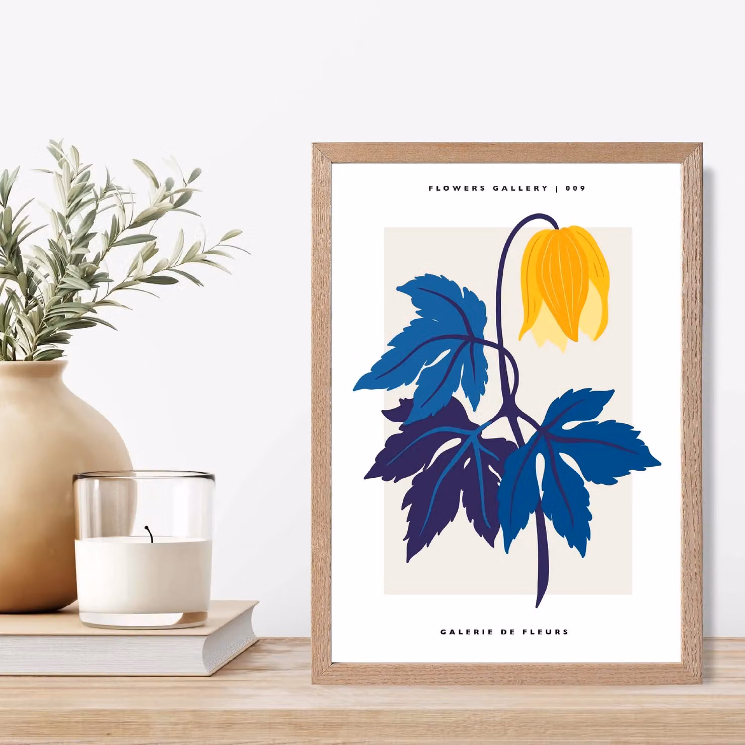 ARTZE Abstract Yellow and Blue Tulip Flower Market Gallery Framed Print with Oak Frame – 2