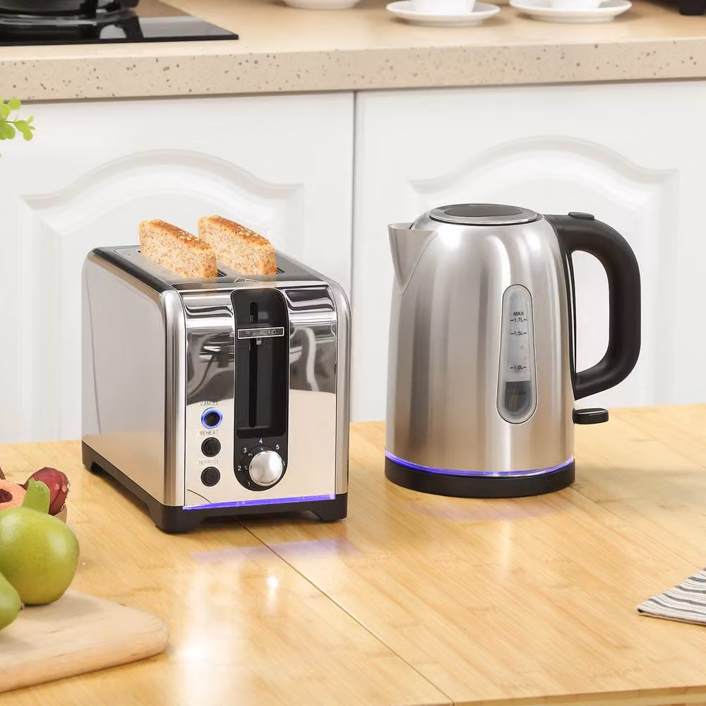 STILVORA Toaster and Kettle Set in Silver with Blue Light Strip – 2