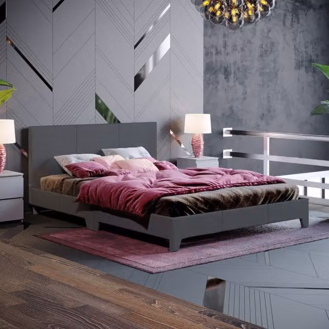 Vida Designs Victoria Double Bed Frame in Grey Fabric with Cushion Headboard, H 77 x W 142 x D 197 cm – 1