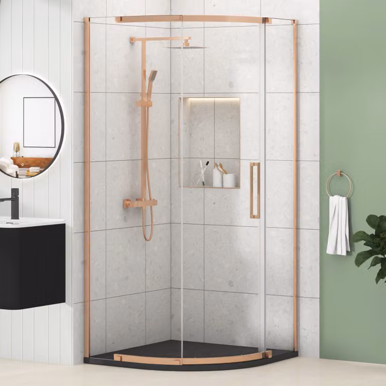 Royal Bathrooms Chelsea Single Door Quadrant Shower Enclosure with Black Mineral Cast Tray, 8mm Easy Clean Glass, Height: 195 cm, Brushed Bronze